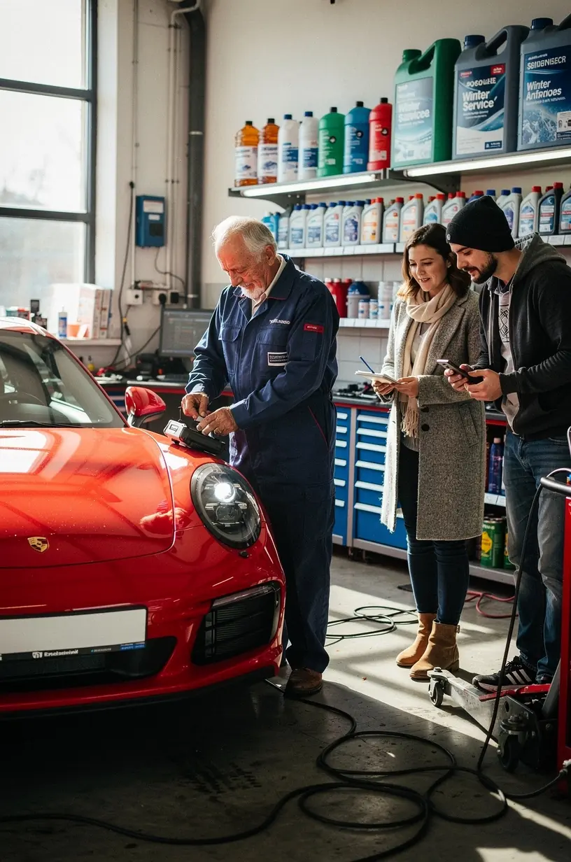 Fachkraft testet die Beleuchtung des Fahrzeugs, inklusive Scheinwerfer und Rücklichter.